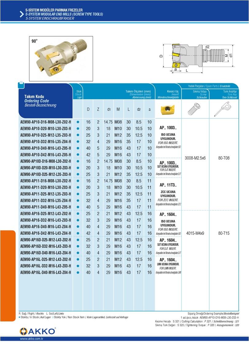 S-SYSTEM MODULAR END MILLS (SCREW TYPE TOOLS)-AP.. 1003..-AP.. 11T3..-AP.. 1604..