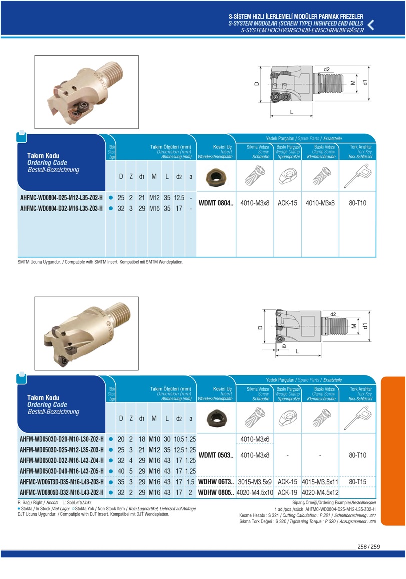 S-SYSTEM MODULAR (SCREW TYPE) HIGHFEED END MILLS - WDMT 0804..- WDMT 0503..- WDHW 06T3..-WDHW 0805..
