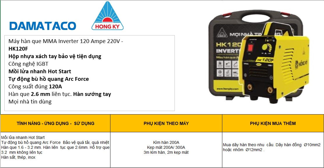 Máy hàn que MMA Inverter 120 Ampe 220V - HK120F